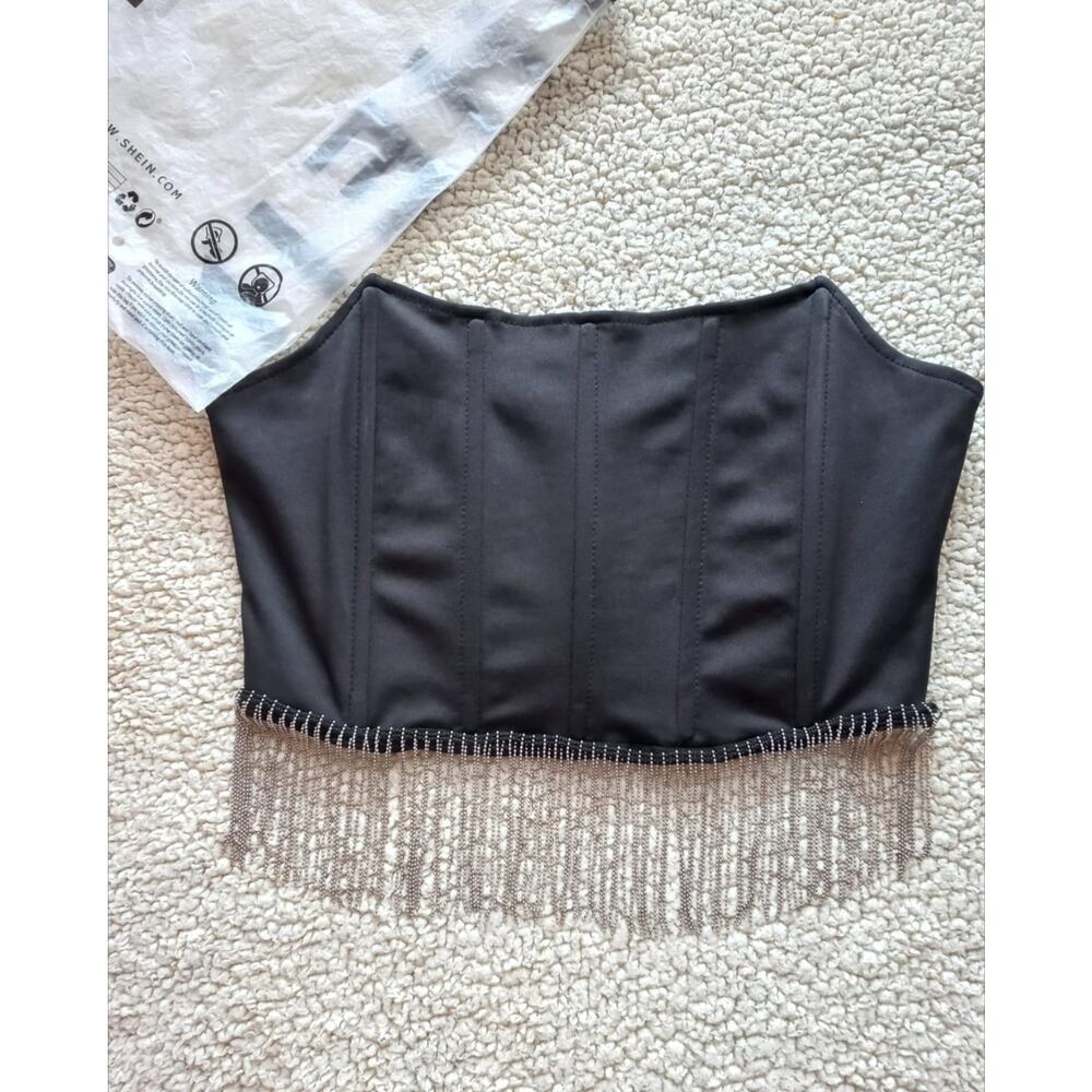 Tank Top Corset Women's Boture Rib Rhinestone Hem Black Size Large EUC